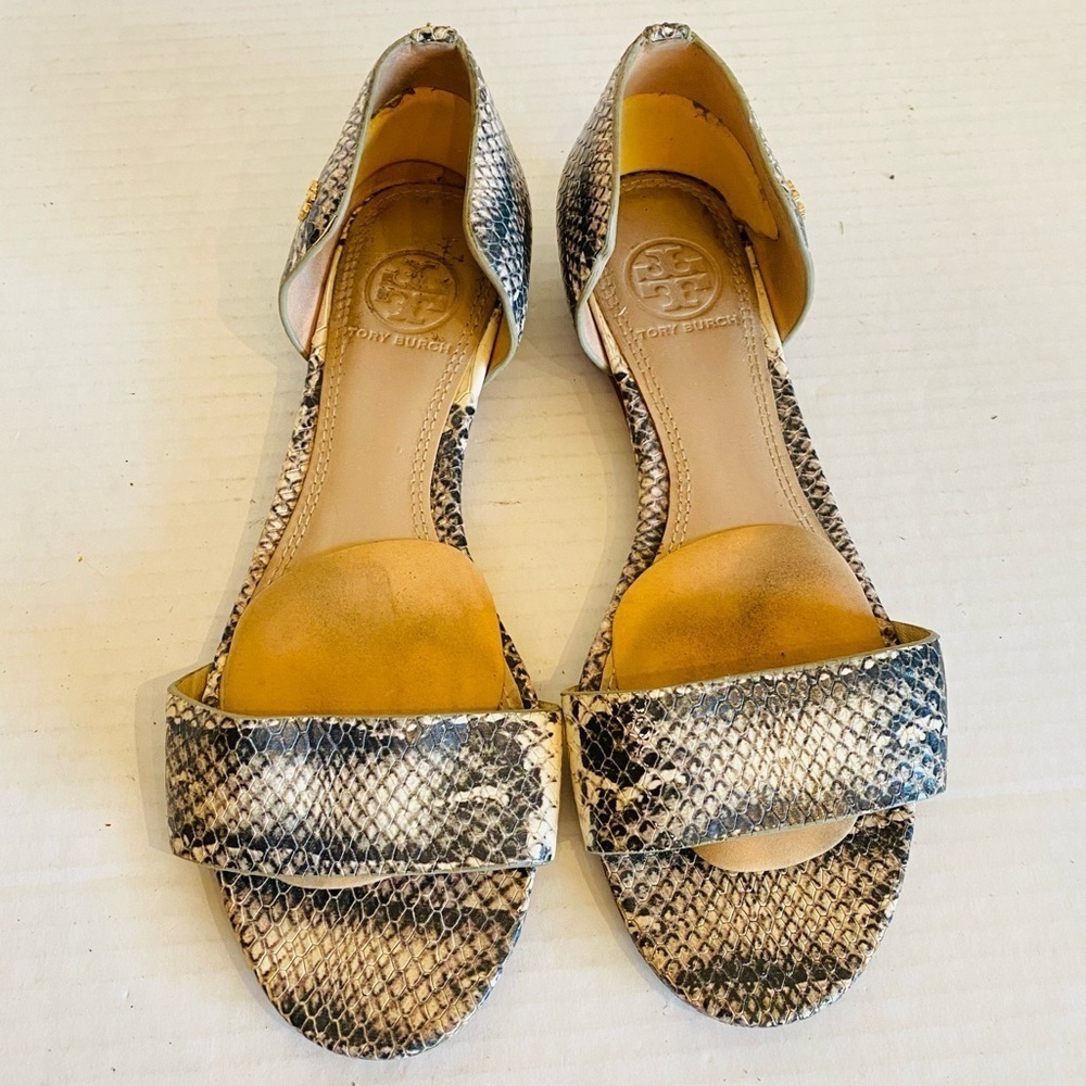 Tory Burch Black and Ivory Snake Printed Leather Sandals Shoes US Size 6 Summer - Picture 7 of 15